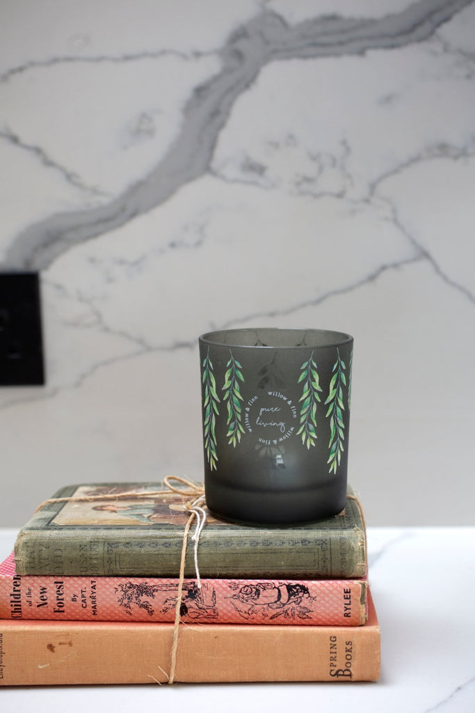 Dark Thyme Frosted Glass Willow Branch Vessel - Willow & Finn Candles